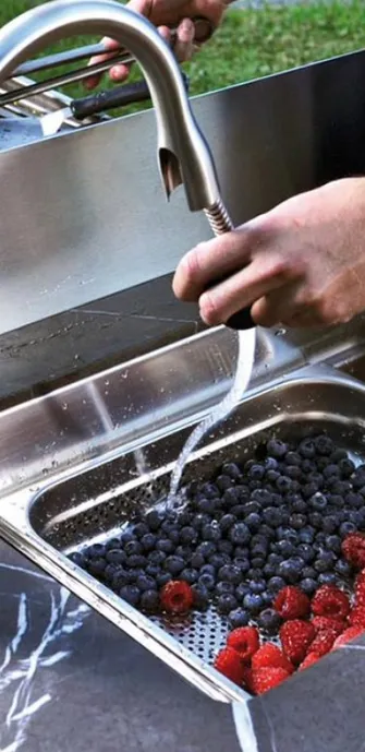 Hands washing blueberries and raspberries with water in the sink of an outdoor kitchen